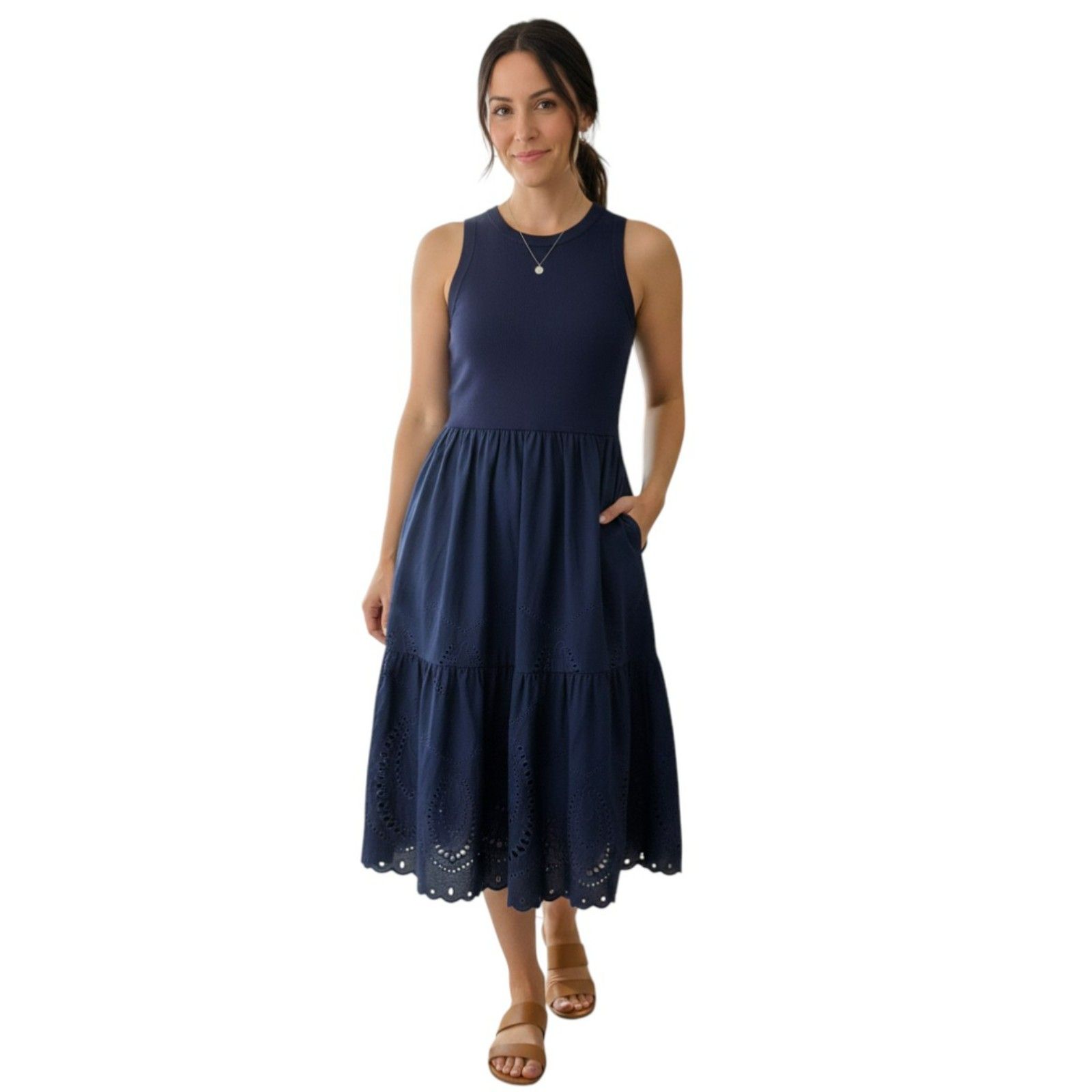 Joie Navy Blue Tiered Summer Dress L Eyelet Scalloped Hem Ribbed Bodice